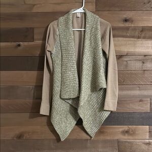 Prana Tan and Cream Open-Front Cardigan with Shawl Collar